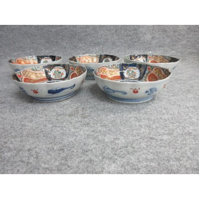 古伊万里色絵金彩軍配図なます皿5枚 [B26061]