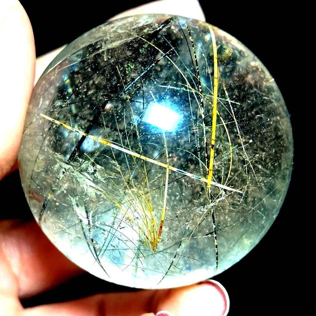 45mm ゴールドブラックルチルクォーツ　丸玉　スフィア　金黒針水晶