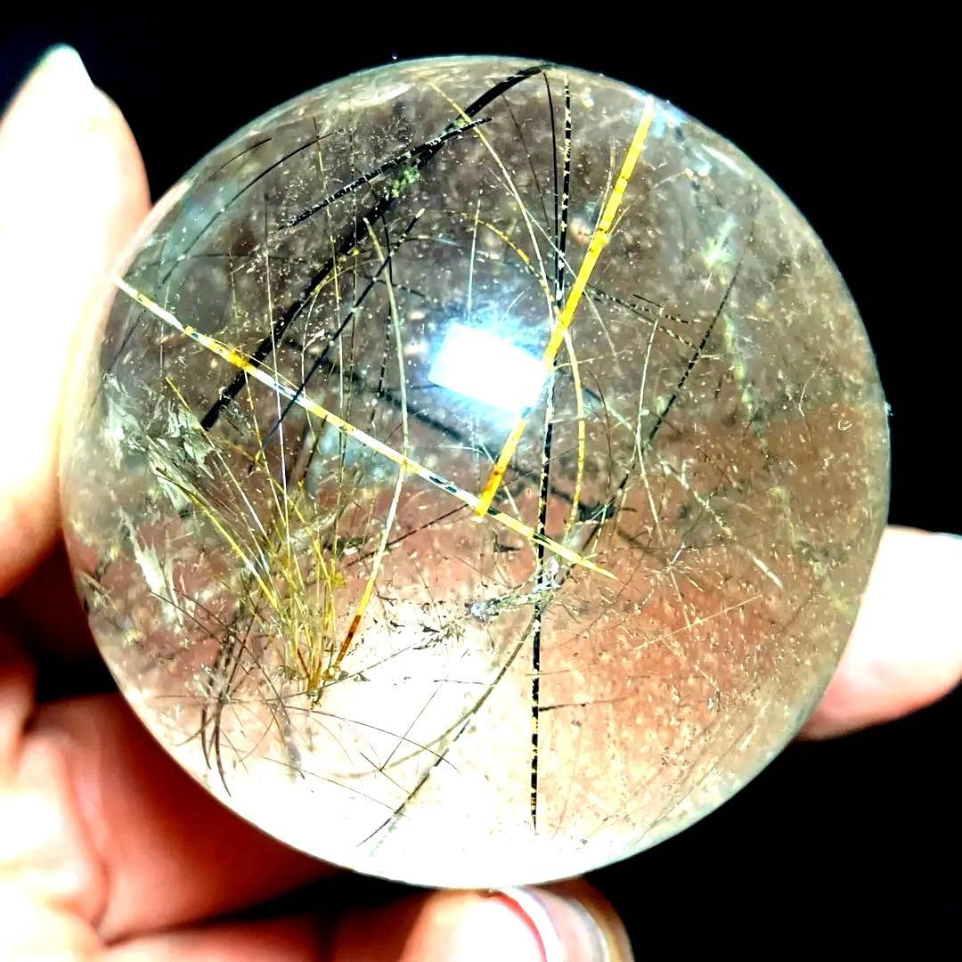 45mm ゴールドブラックルチルクォーツ　丸玉　スフィア　金黒針水晶