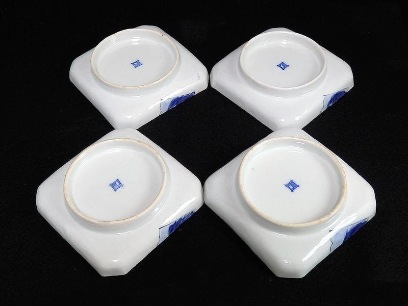 古伊万里　染錦　松に丹頂鶴の図　角皿　４枚　D827AS-BJn