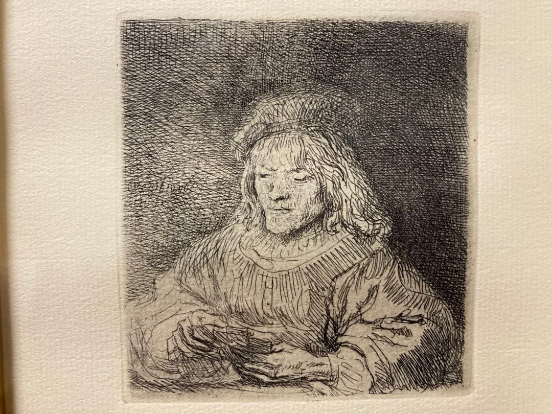 銅版画・エッチング【レンブラント】 「カード遊びをする人」黄袋付き　豪華額装