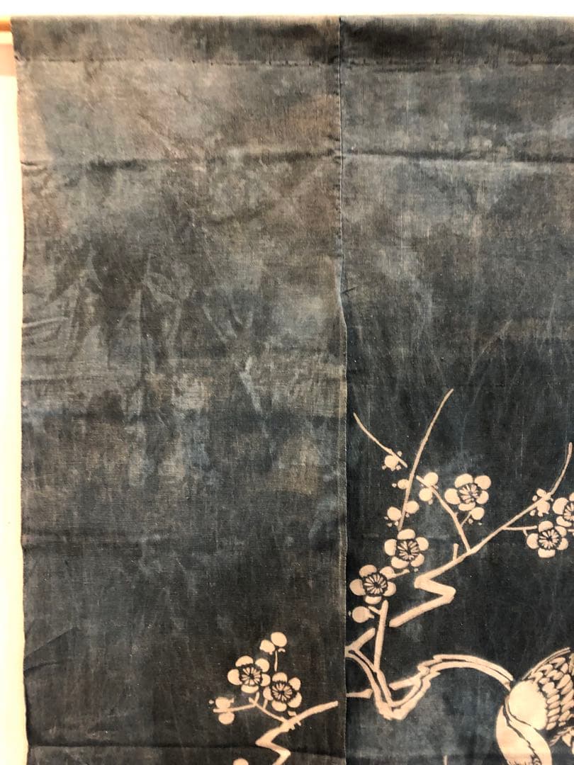藍染筒描き三巾加賀のれん時代物木綿古布　ソ-282