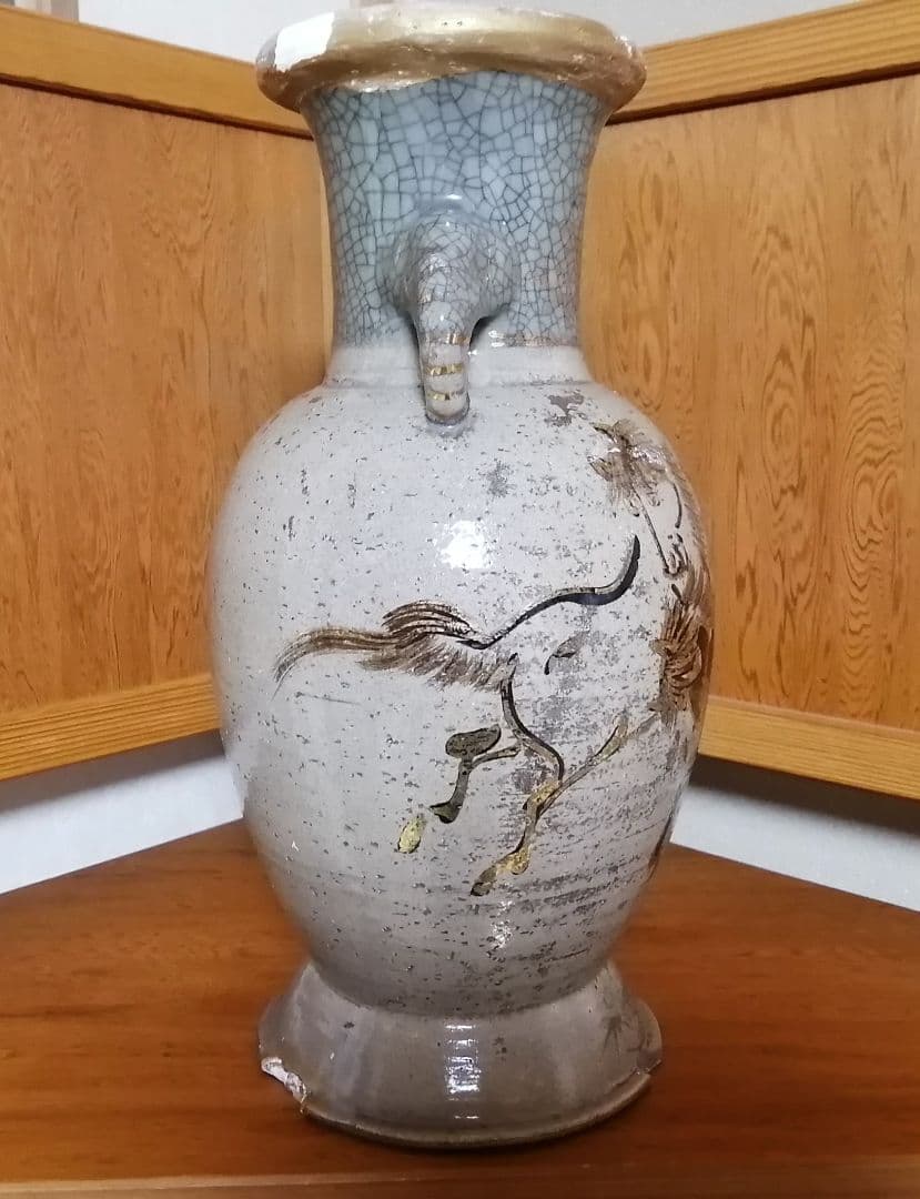 相馬焼　双駒　金彩　双耳大花瓶　希少品　大正期頃　高さ約34cm　骨董　古美術
