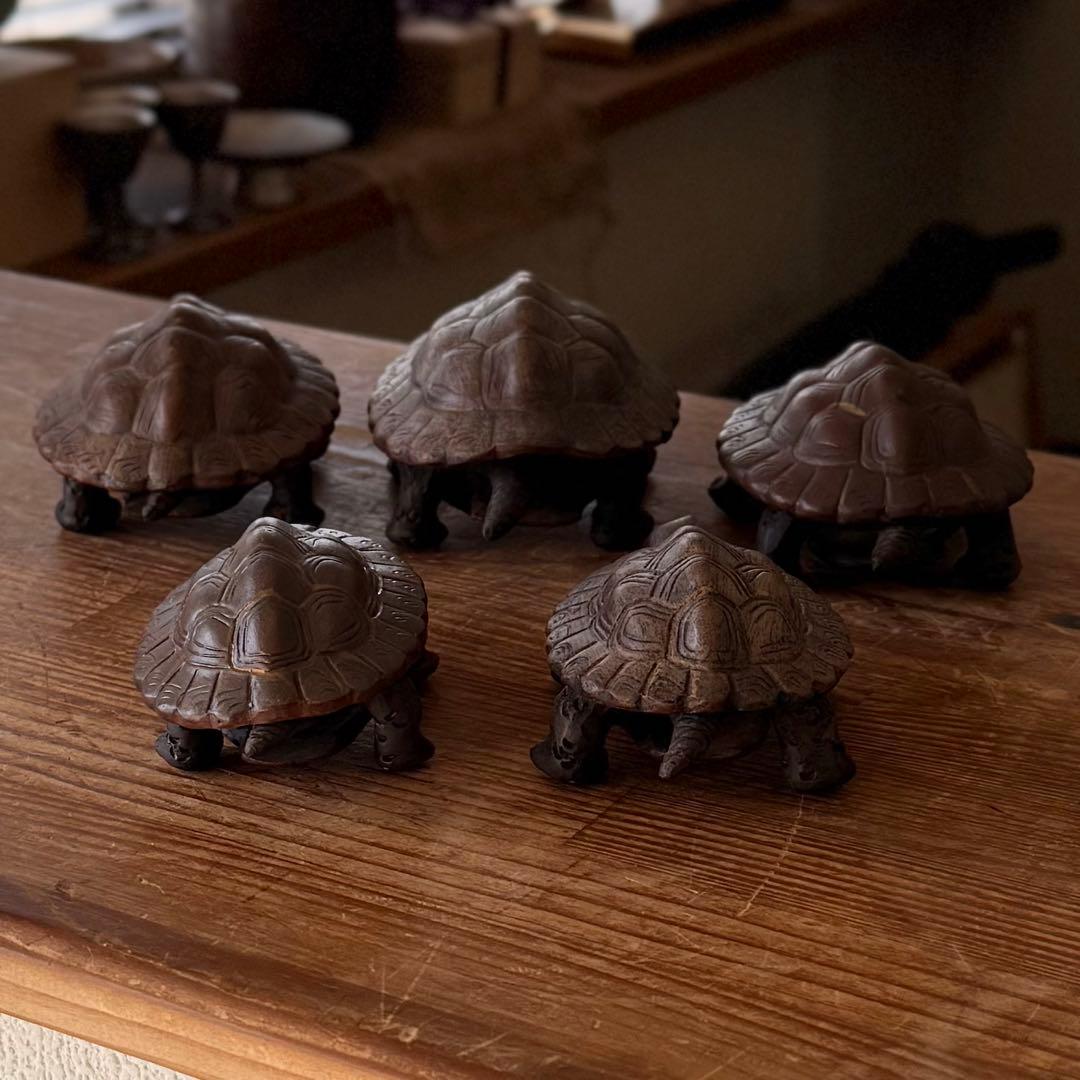 SNT105 備前焼 在銘【郁明】からくり 可動式 亀 5体 縁起物 時代物