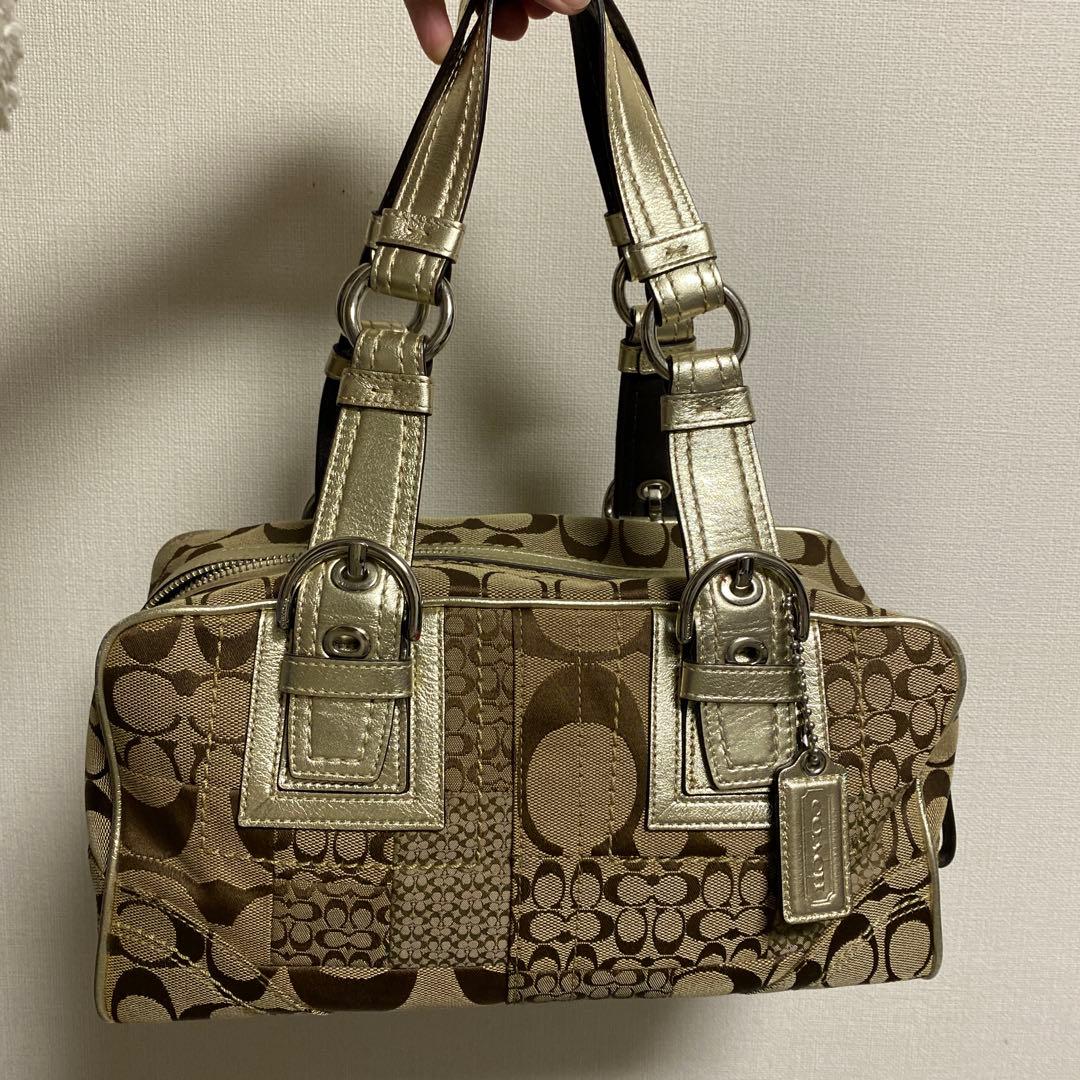 【美品】COACH ベージュゴールド シグネチャー ハンドバッグ Y2K