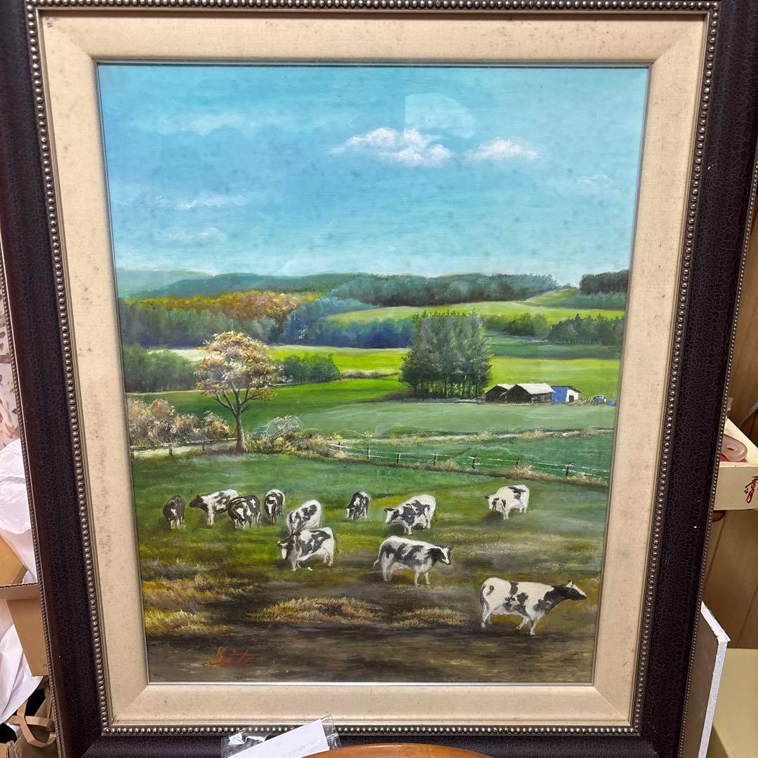 油彩画 牧場の風景 牛たち