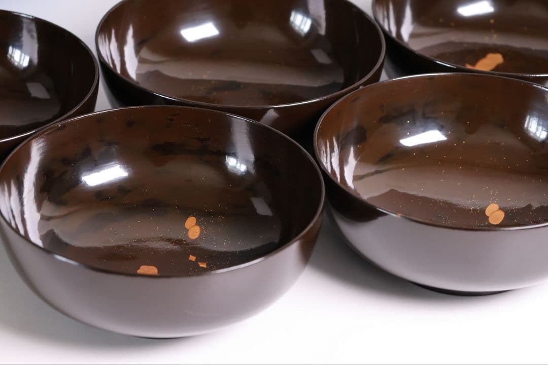 【MB191】輪島塗 宝尽くし金蒔絵 黒塗椀 五客 天然木漆塗 大正昭和 茶懐石