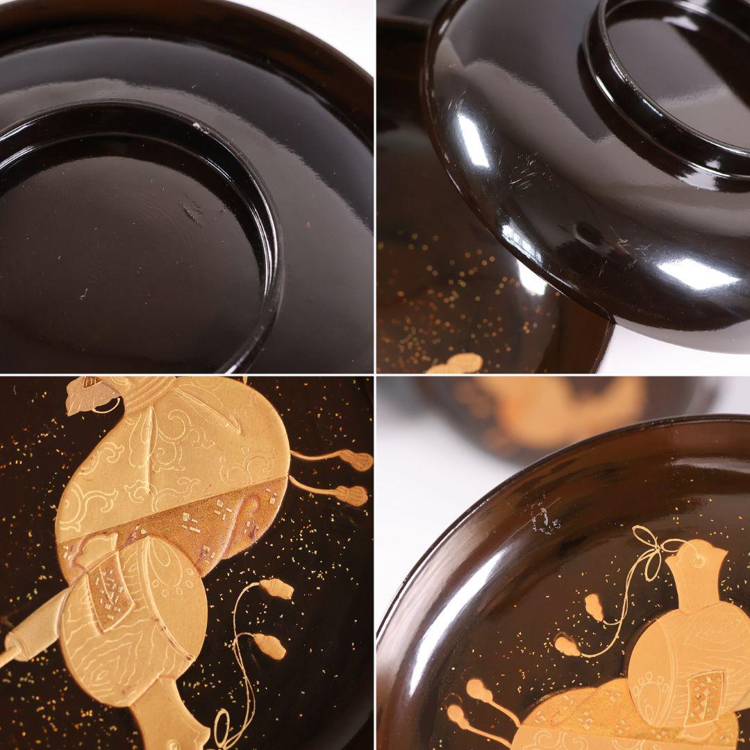 【MB191】輪島塗 宝尽くし金蒔絵 黒塗椀 五客 天然木漆塗 大正昭和 茶懐石