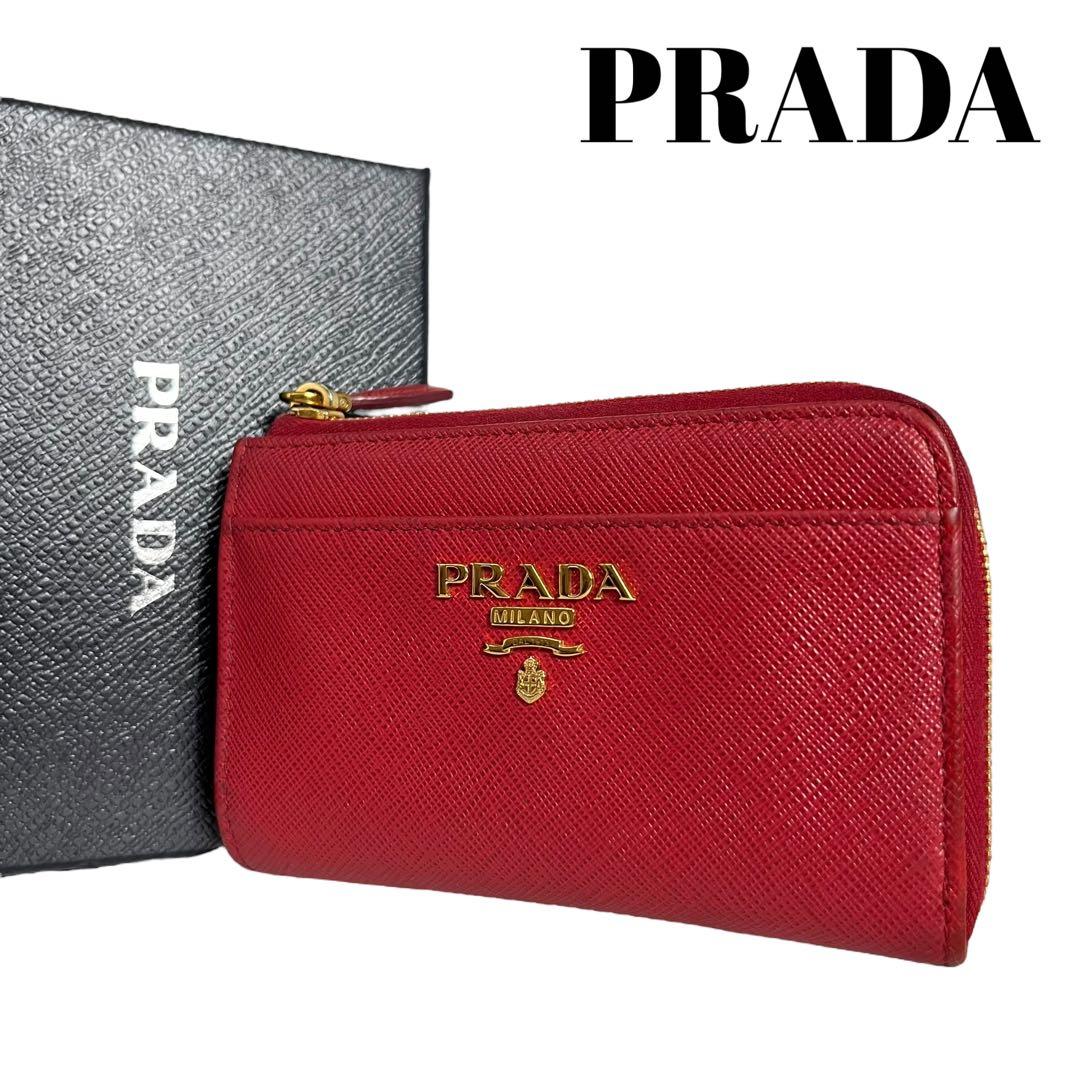 極美✨プラダ ケース キーリング サフィアーノレザー 金ロゴ レッド