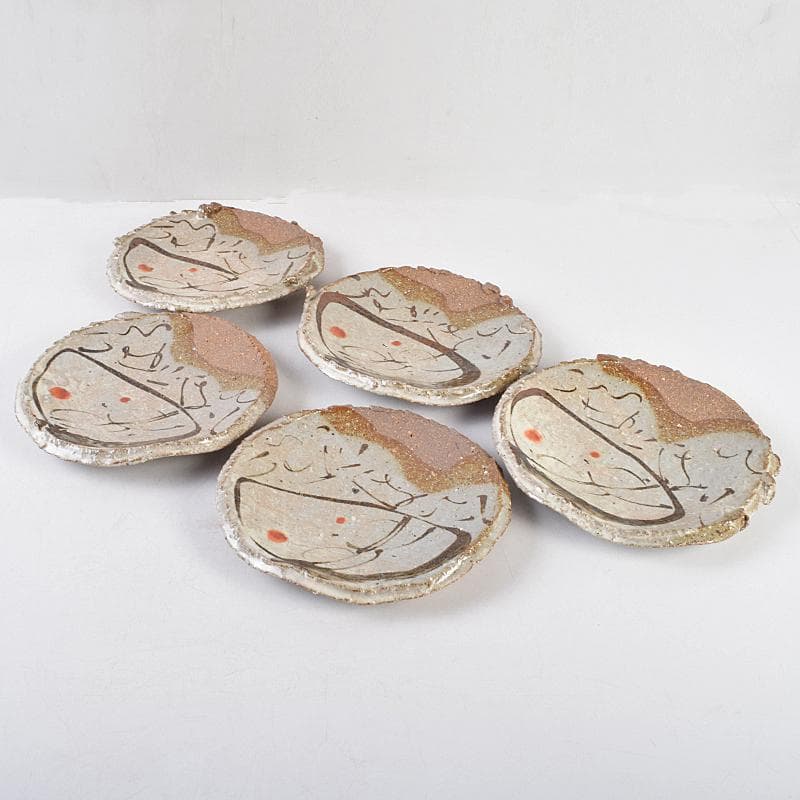 和食器　唐津焼　絵唐津　鉄絵　丸皿　銘々皿　五客　在銘　共箱　V　R9161B