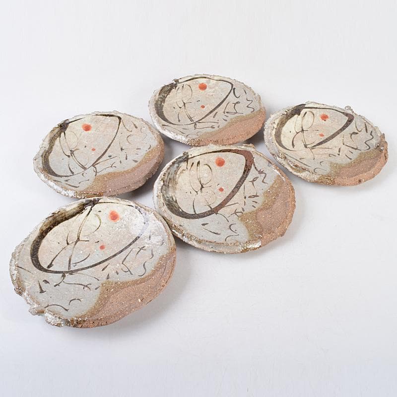 和食器　唐津焼　絵唐津　鉄絵　丸皿　銘々皿　五客　在銘　共箱　V　R9161B