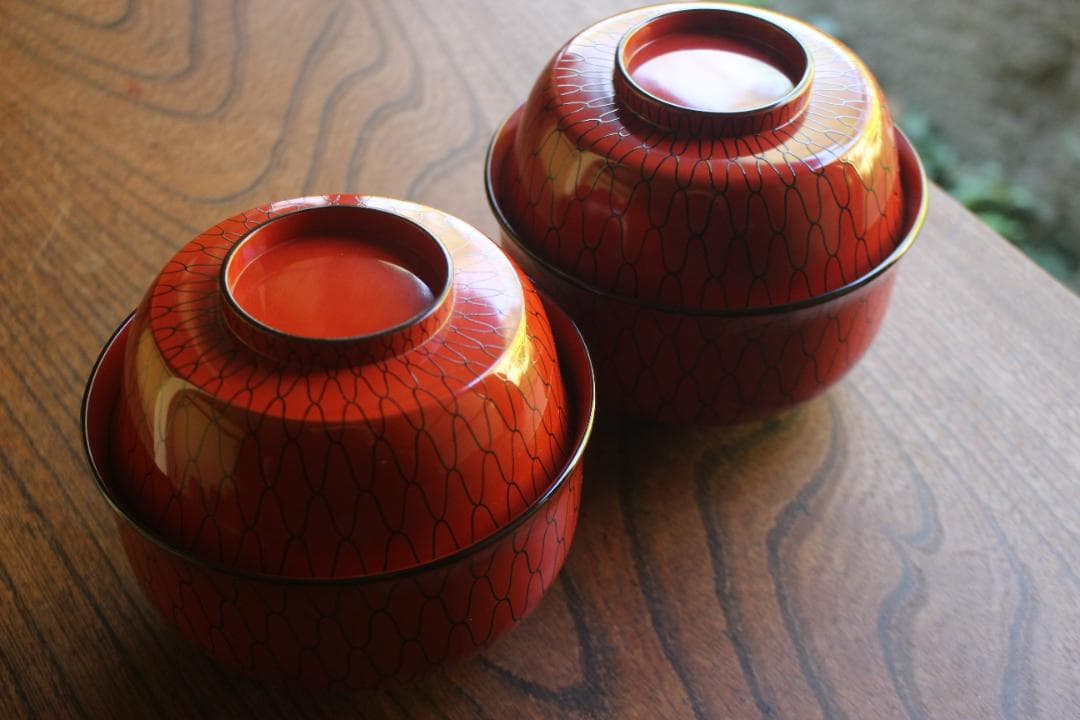 極小傷有！極上朱漆に風情ある網目文の映える大椀2点（検輪島塗懐石道具茶道具懐石椀