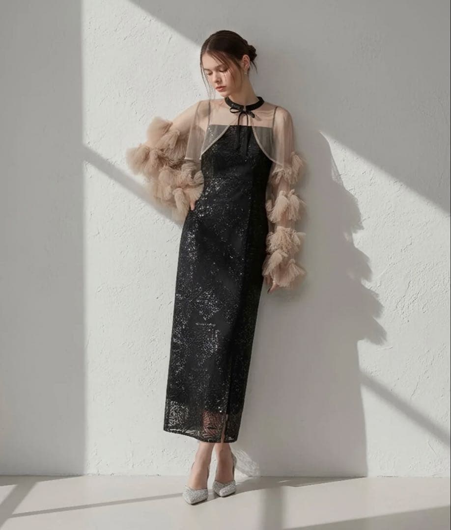 LEJA（レジャ）フリルチュールスリーブリボンIラインワンピースドレス