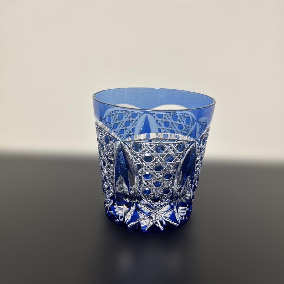 江戸切子　カガミクリスタル　木村秋男デザイン　ロックグラス　青