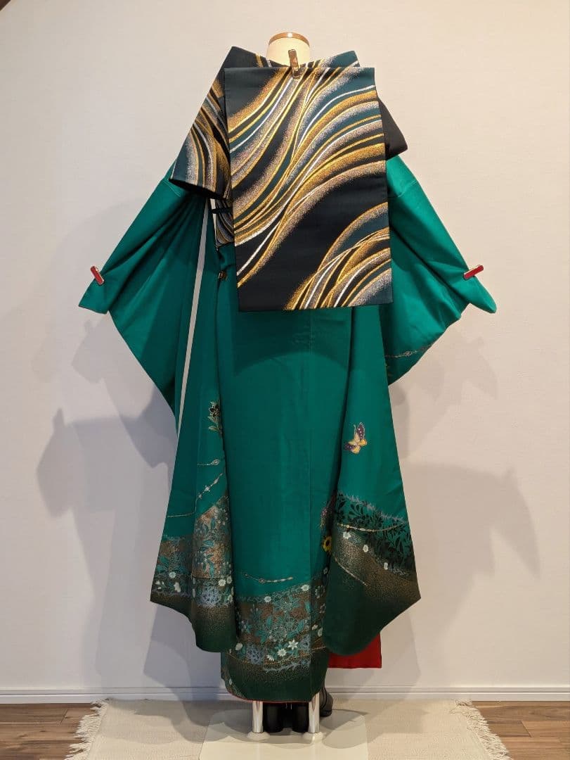 振袖フルセット 身丈164裄70 豪華振袖 金銀彩 緑 黒 更紗 逸品 成人式