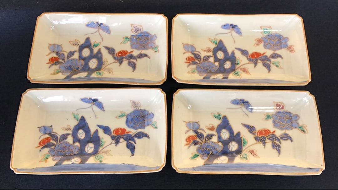 《R》伊万里 金彩色絵 長皿4客 角皿 懐石　251007あ7