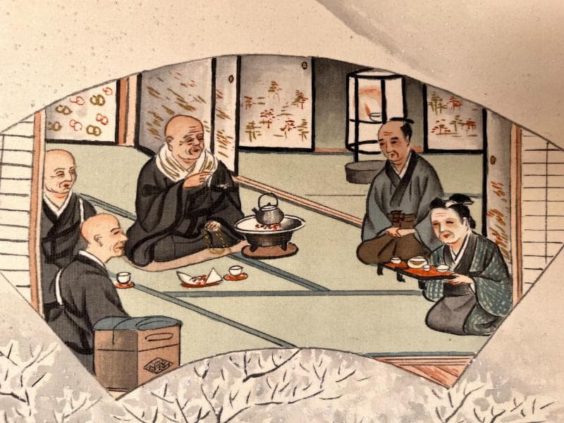 掛軸■扇絵人物会食坊主頭部発光之図 竹岱聖人？絹本 日本画 時代物 骨董品■⑦