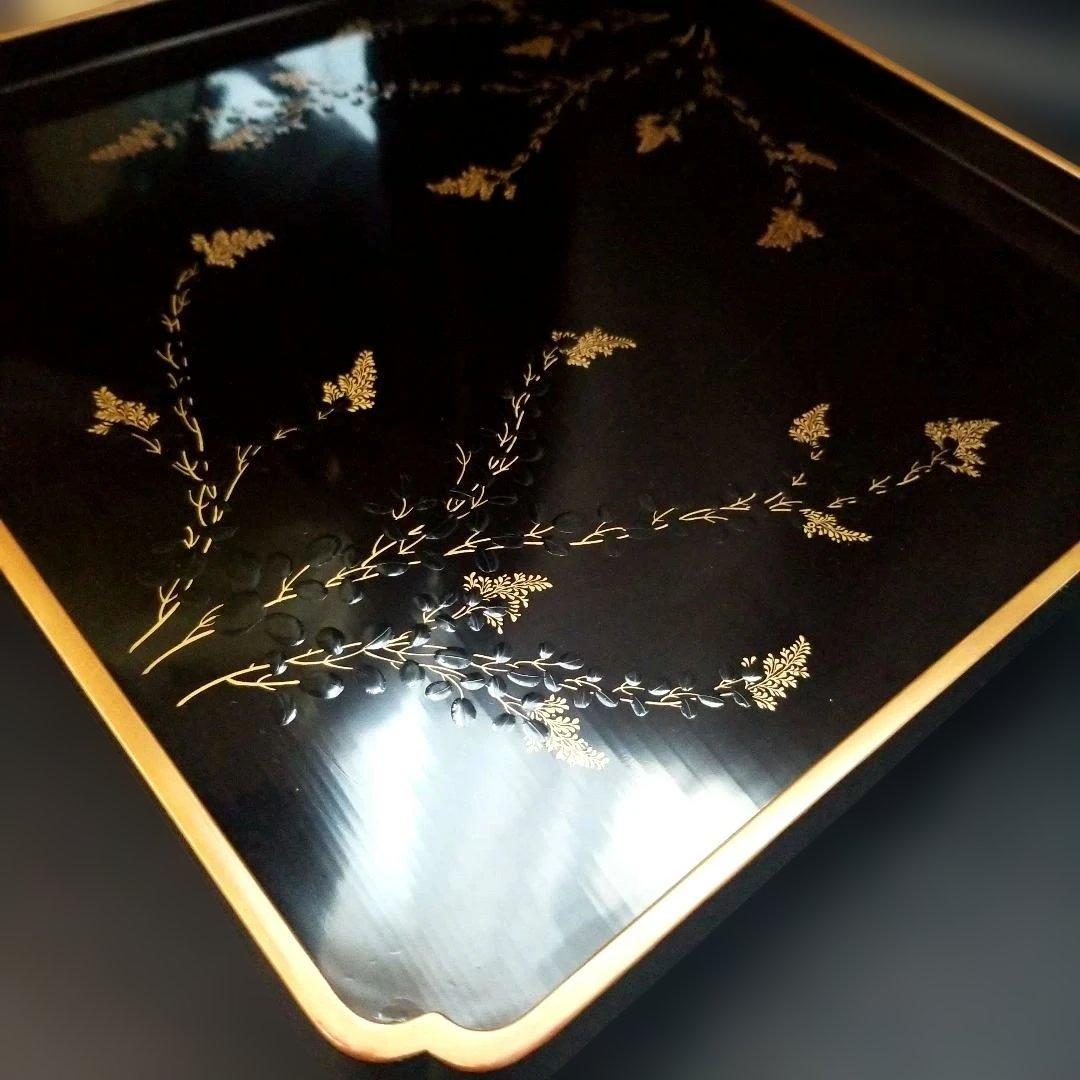 能登輪島塗　時代漆塗 膳 黒地 萩金蒔絵金　漆器　お膳　2客