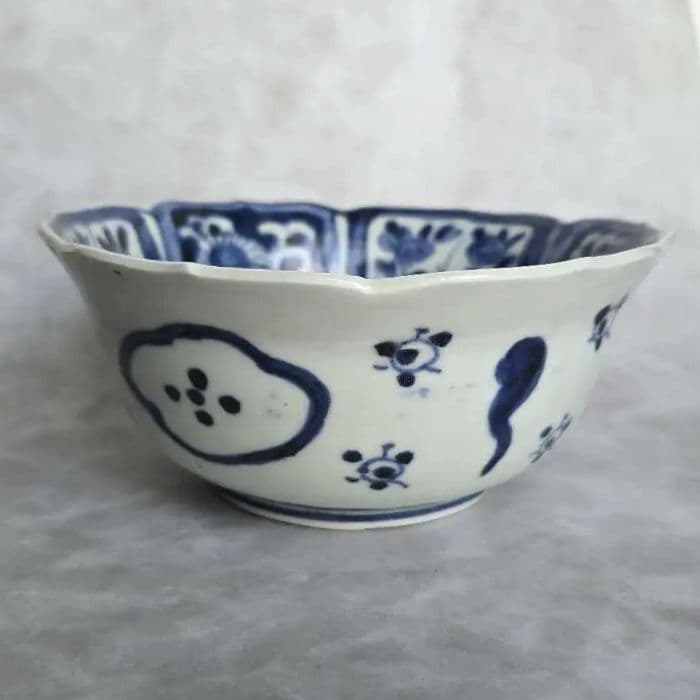 古伊万里　芙蓉手　向付　深鉢　江戸時代　染付　魚　金直し　金継ぎ　アンティーク