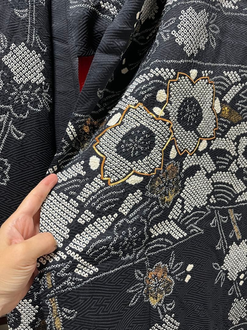 か*る様 【桐箱付】きものやまと振袖セット 黒・金・赤　梅柄　金帯