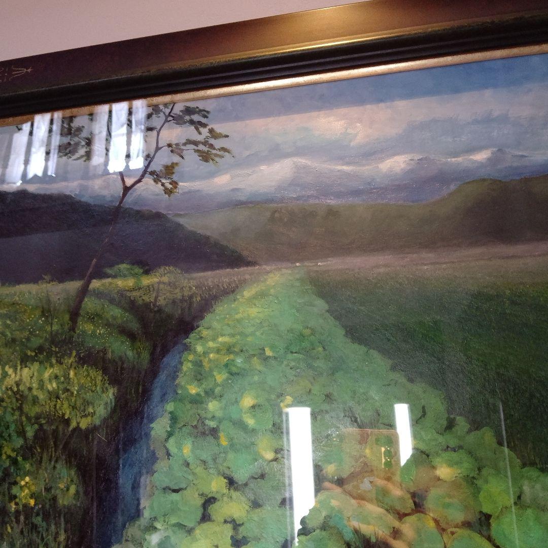 【高級特注額縁】蓮根畑　蓮　風景画　肉筆画　油彩画　大判　サイン有り