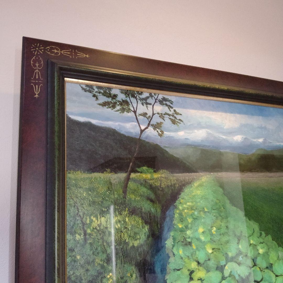 【高級特注額縁】蓮根畑　蓮　風景画　肉筆画　油彩画　大判　サイン有り