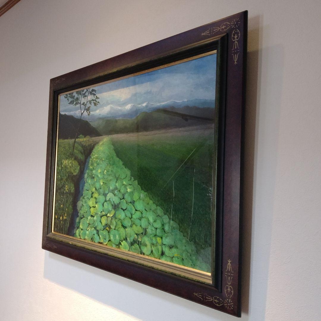 【高級特注額縁】蓮根畑　蓮　風景画　肉筆画　油彩画　大判　サイン有り