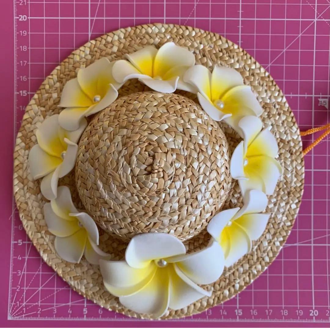 麦わら帽子Ꮮお好みカラー✗ホワイト犬・猫 プルメリア装飾❁handmade