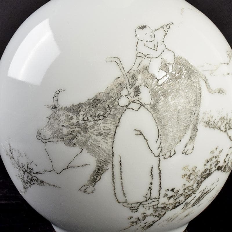 中国　打刻画在銘　漢詩山水人物文　長顎瓶　C　R5058