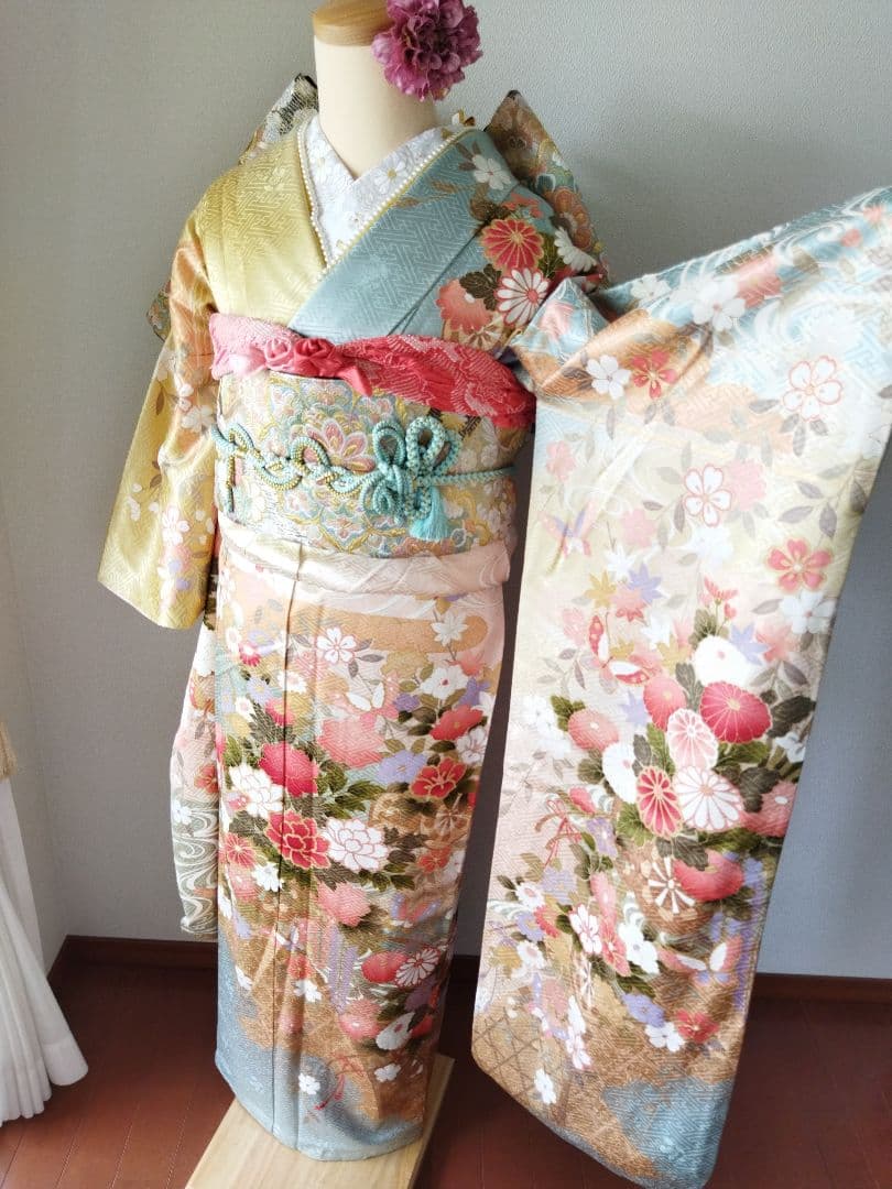 ぷたこ様　427.可憐な振袖7点セット 正絹　フルセット成人式　小田急百貨店誂製