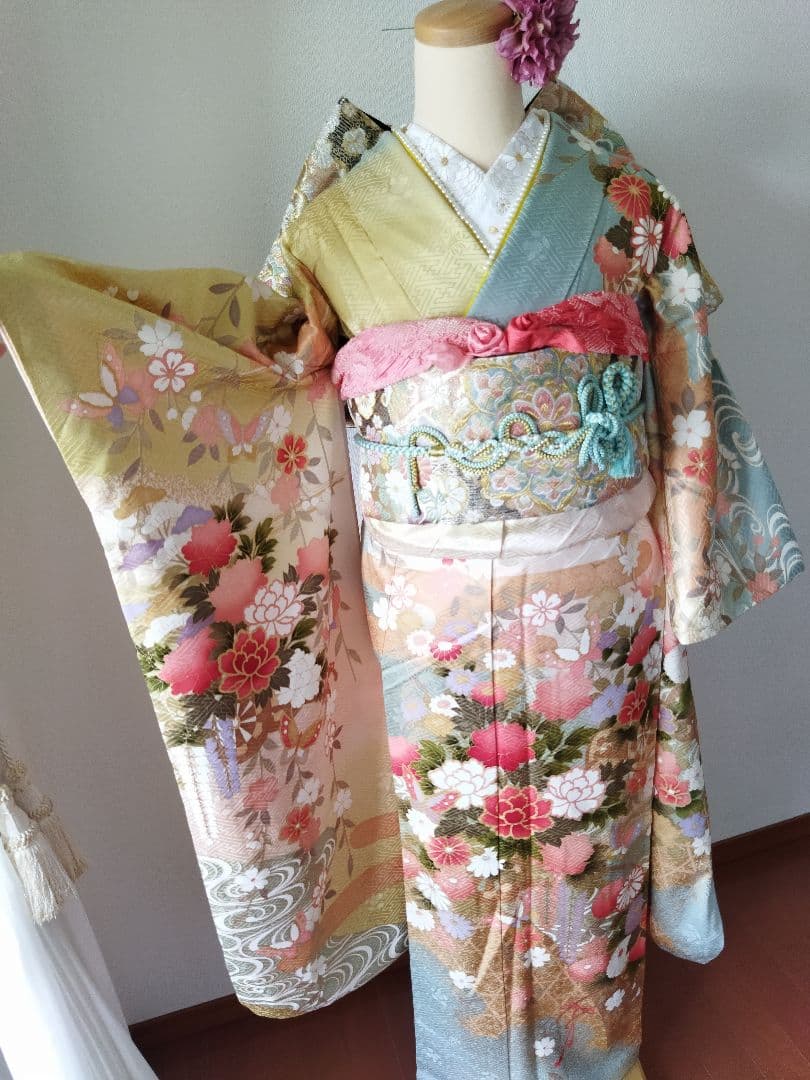 ぷたこ様　427.可憐な振袖7点セット 正絹　フルセット成人式　小田急百貨店誂製