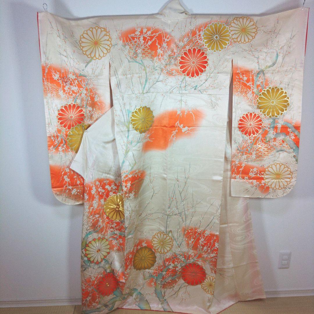 格安！　振袖フルセット　9点　成人式　結婚式　前撮り　ホワイト　オレンジ　高身長