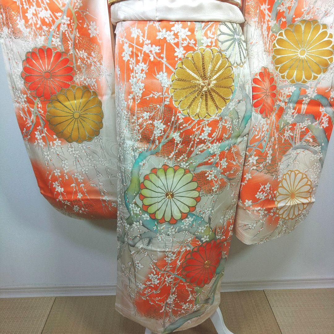 格安！　振袖フルセット　9点　成人式　結婚式　前撮り　ホワイト　オレンジ　高身長