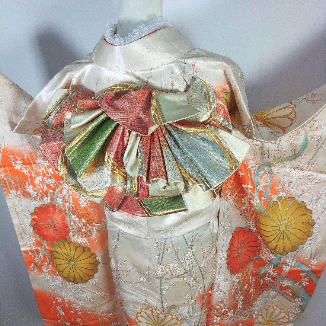 格安！　振袖フルセット　9点　成人式　結婚式　前撮り　ホワイト　オレンジ　高身長