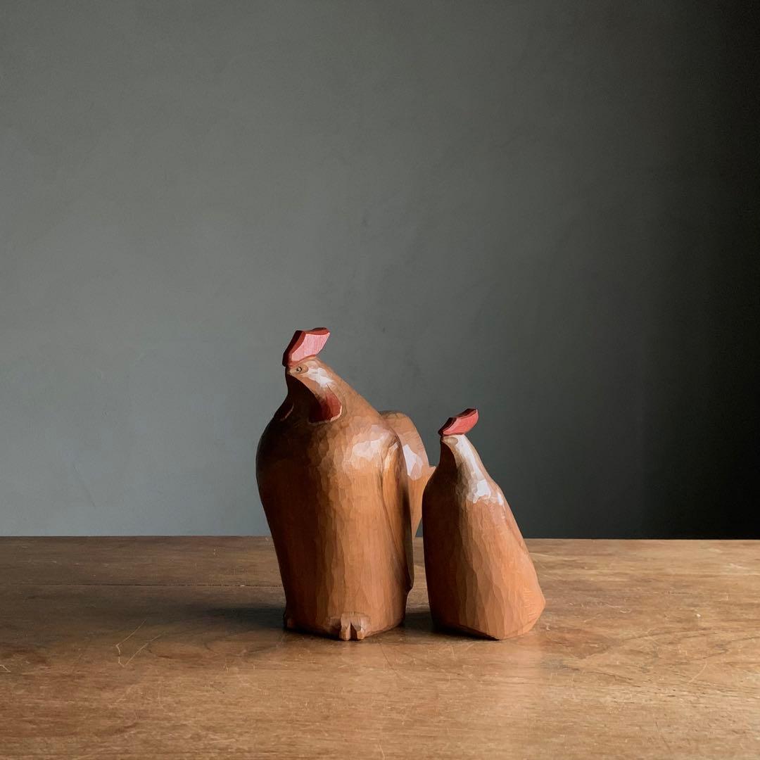 木彫 鶏 但馬木彫 彫刻作品 石田えいじ 古道具 アンティーク アート オブジェ