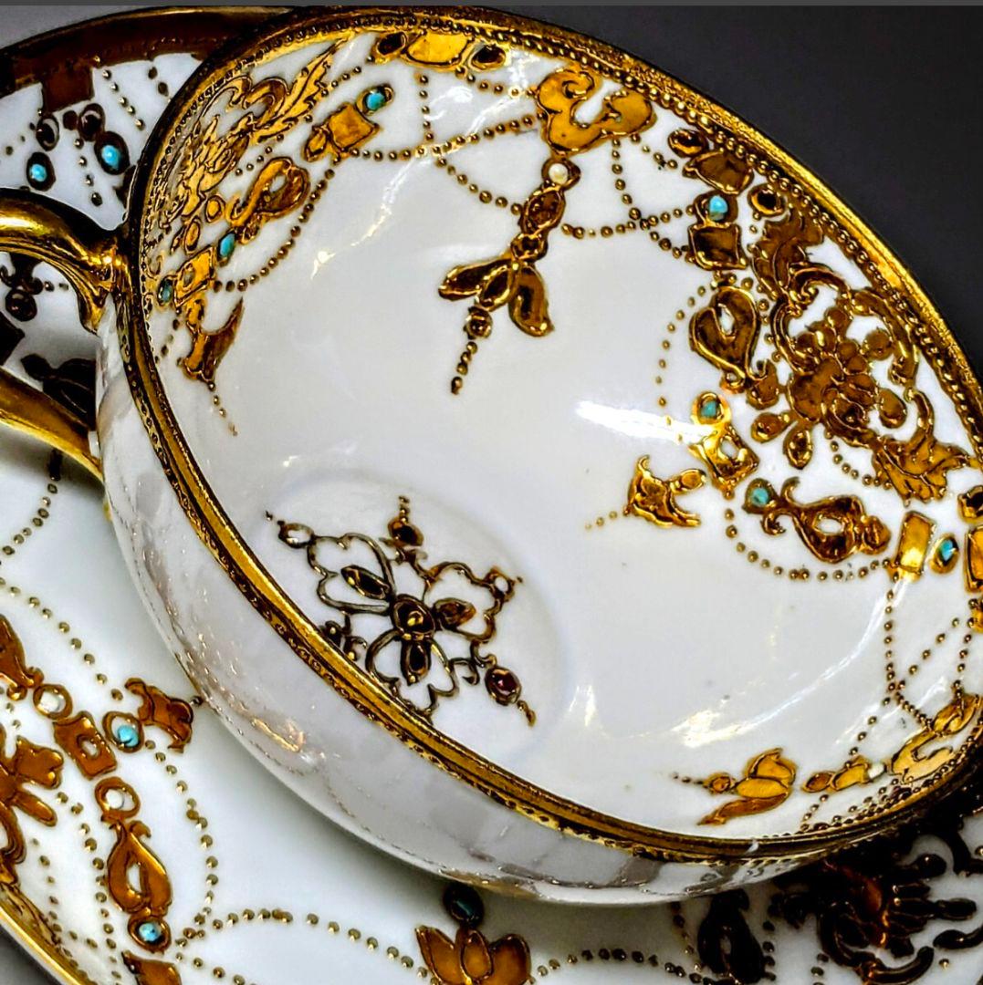 オールドノリタケ　　エナメルビジュー　金盛上　アールヌーボー　カップ＆ソーサー