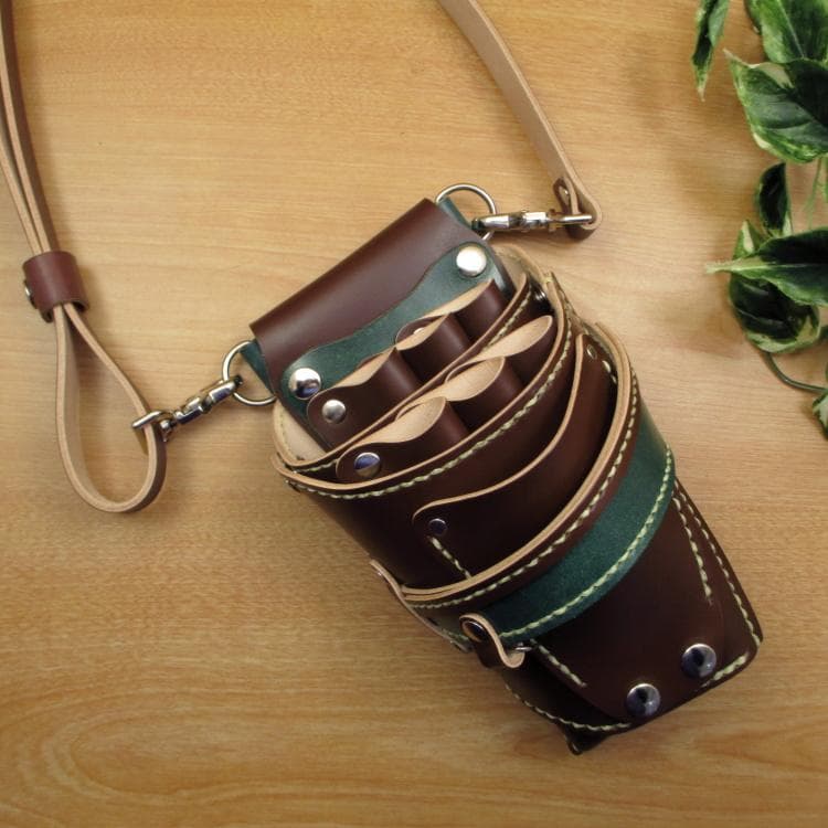 ブラウン＆Dグリーン　革ベルト付　６丁　本革シザーケース　SCL-100/CBB