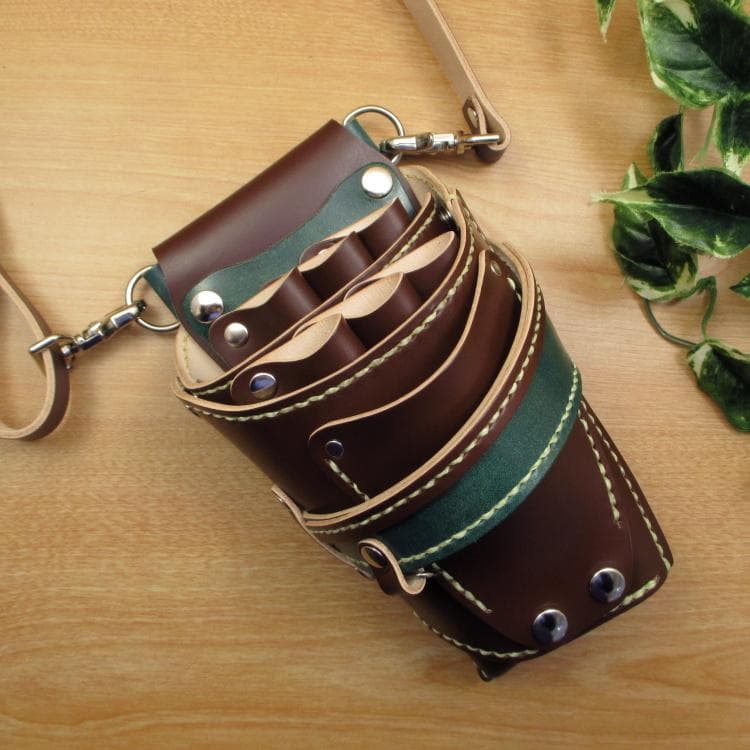 ブラウン＆Dグリーン　革ベルト付　６丁　本革シザーケース　SCL-100/CBB