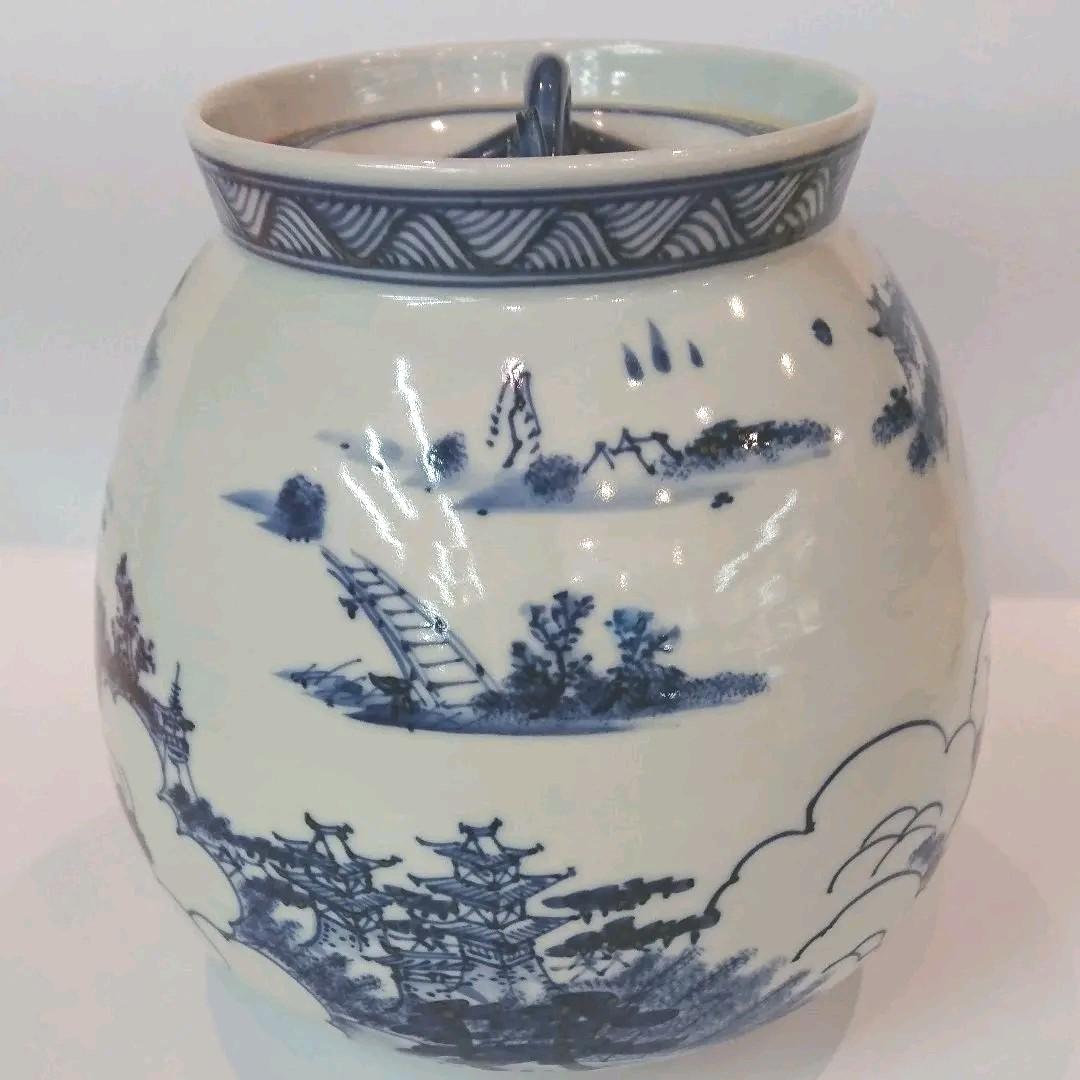 【茶道具】膳所焼 岩崎新定作 染付 近江八景絵 芋頭水指