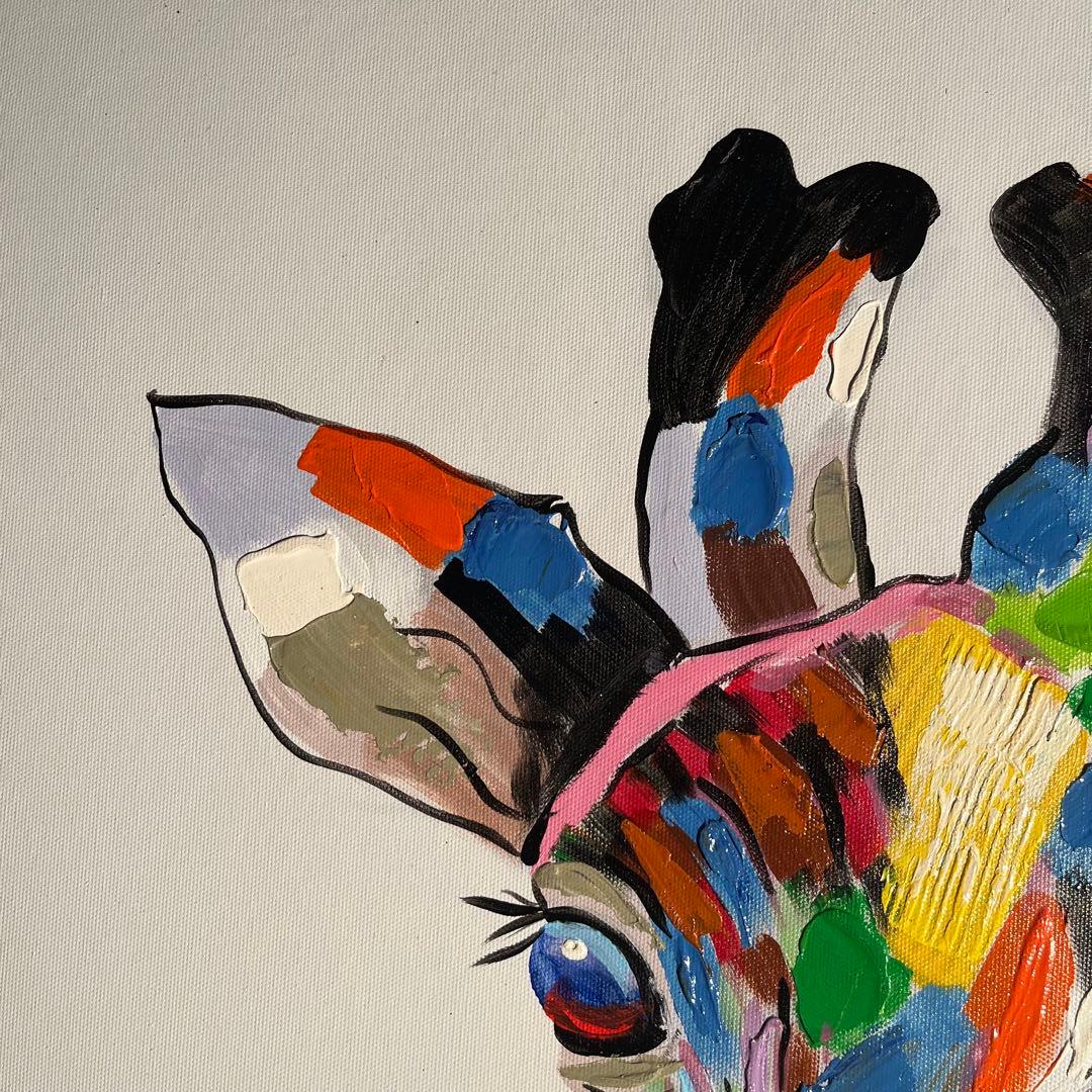 手書き油絵 七色キリン 額付 肉筆絵画 インテリア 油彩画