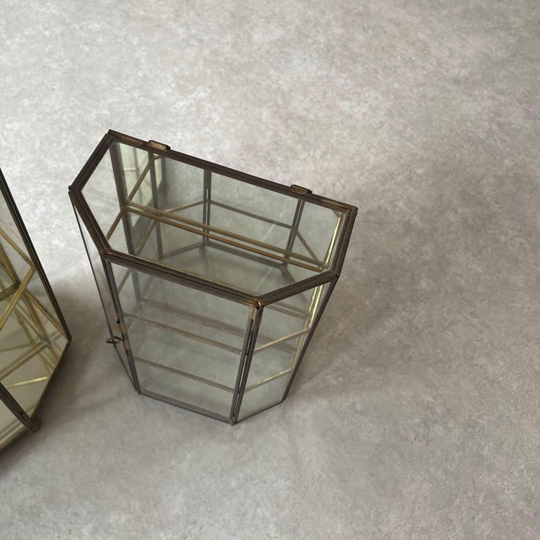 【2点セット】アンティーク 真鍮 ガラス ジュエリーボックス 大と小のセット