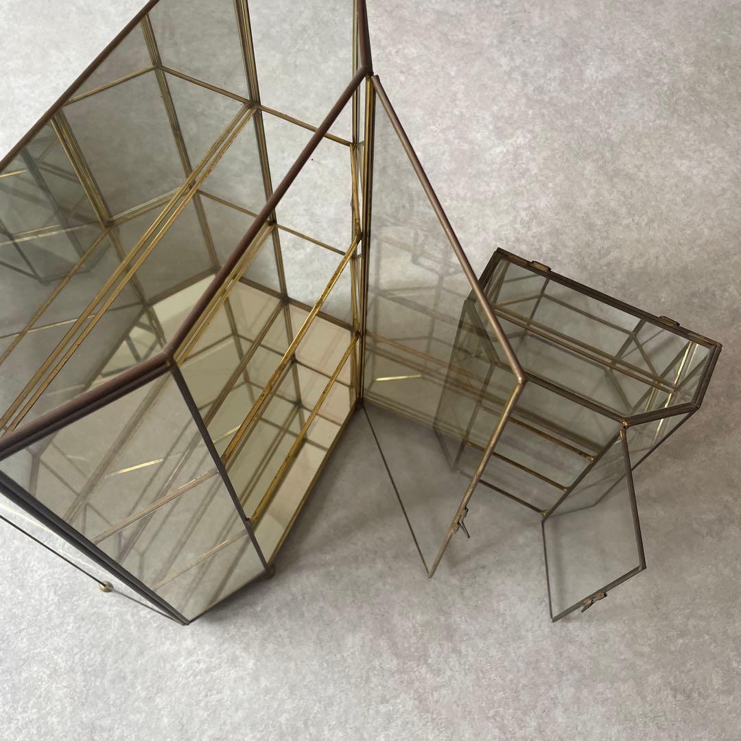 【2点セット】アンティーク 真鍮 ガラス ジュエリーボックス 大と小のセット