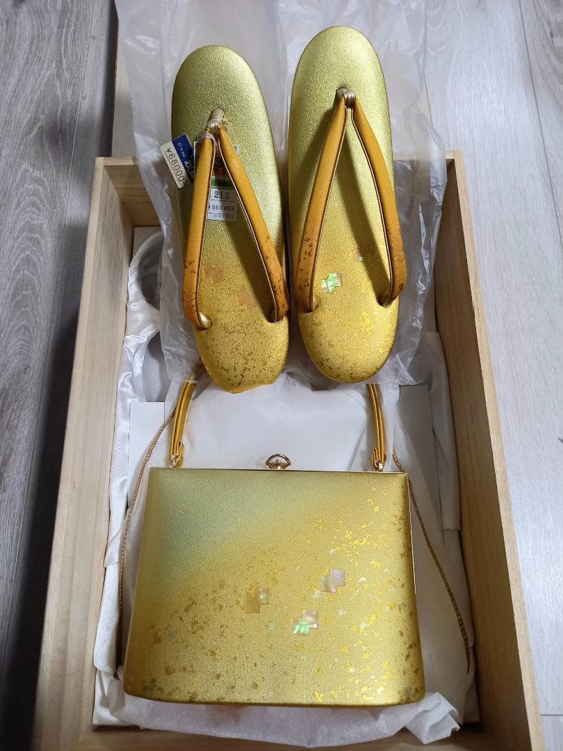 新品☆未使用品　和装　牛革　草履&バッグ　螺鈿　L 23.5-24