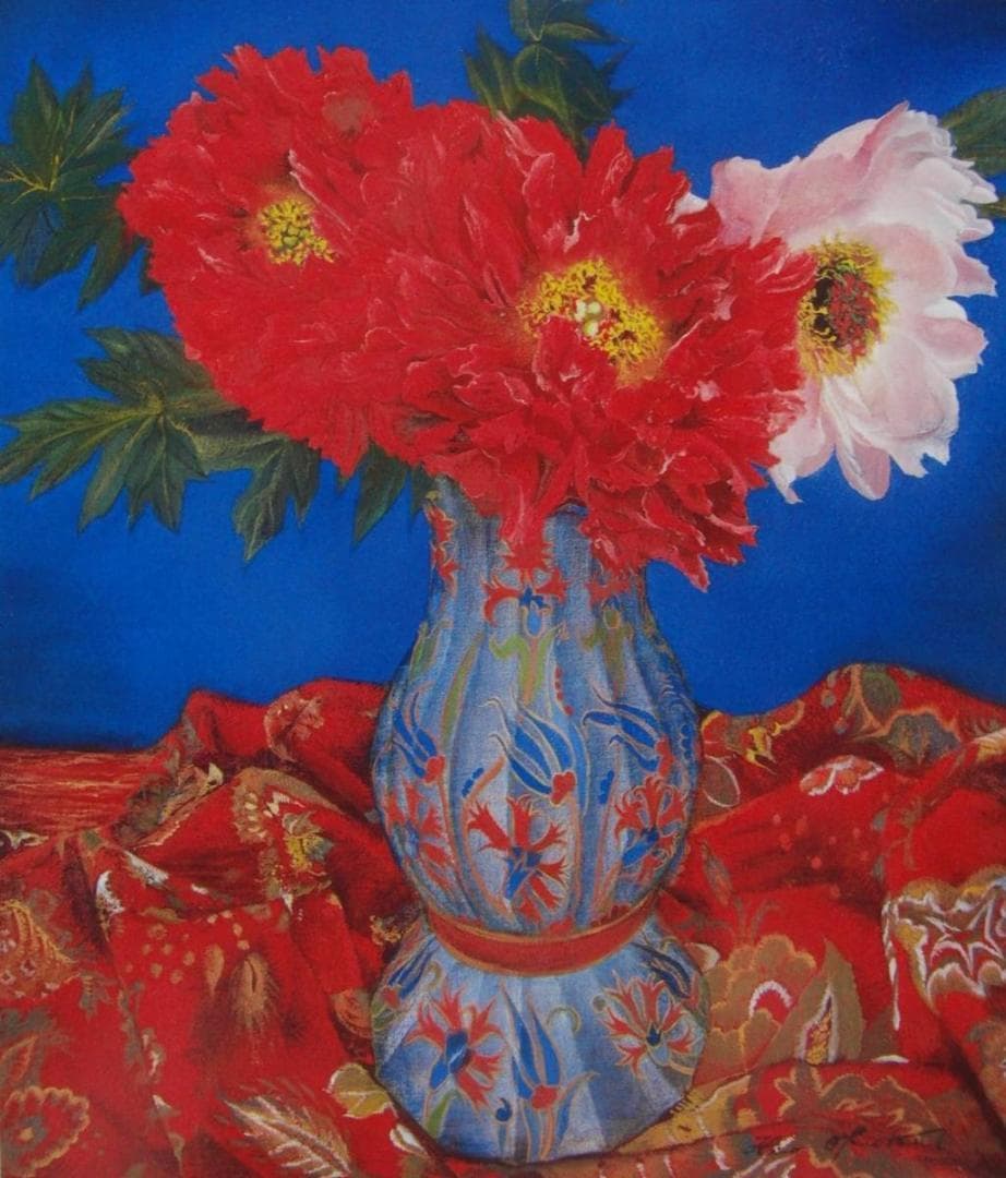 奥谷 博、「紅白牡丹図」、希少画集・額装画、日本製・新品額縁にて額装致します