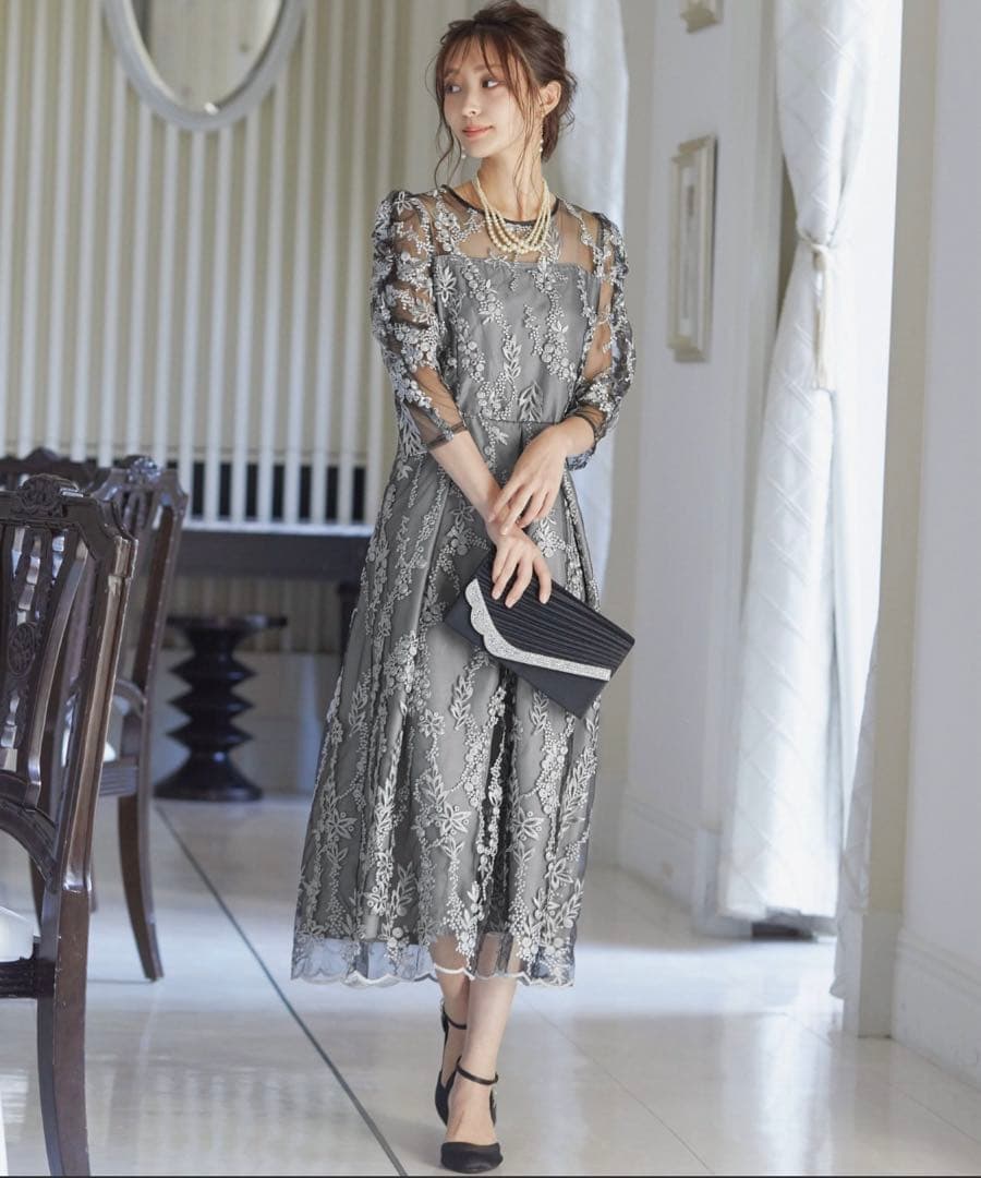 niana ニアナ 刺繍レース バックリボン パーティードレス 結婚式 ブラック