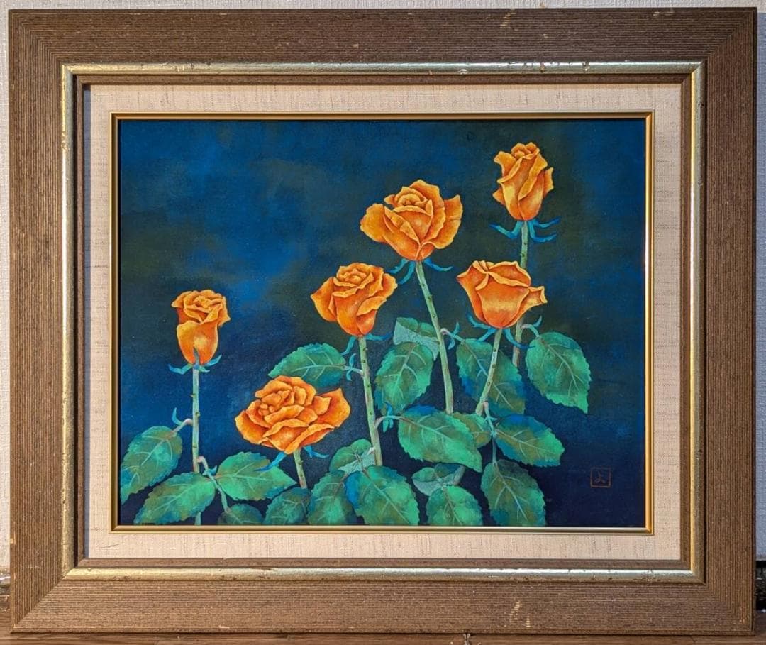 【真作】絵画　原よしえ　日本画6号　蒼に咲くバラ　深藍に映える橙の花々　W107