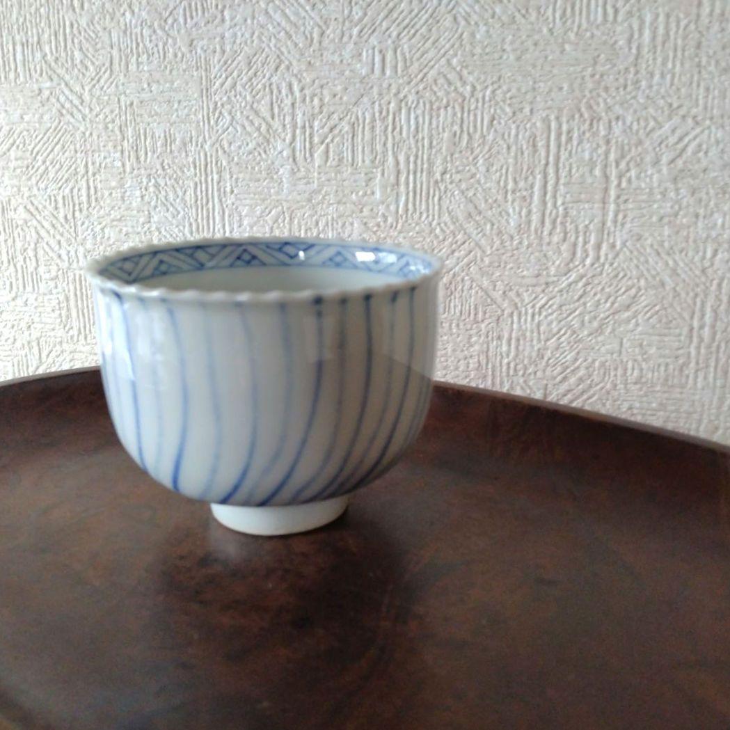 古伊万里染付瀬戸輪花流線ころ茶碗