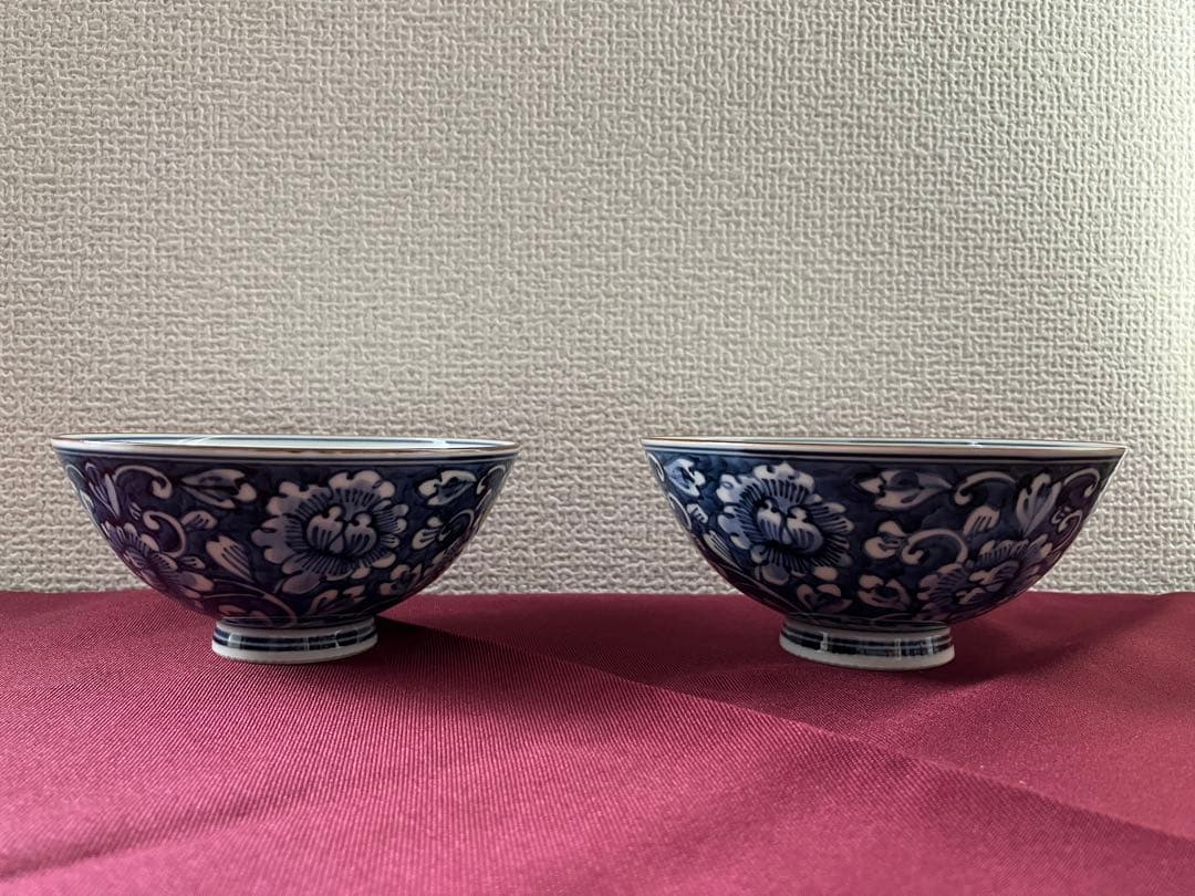 清水焼　平安陽山造　濃牡丹唐草　飯茶碗　夫婦茶碗