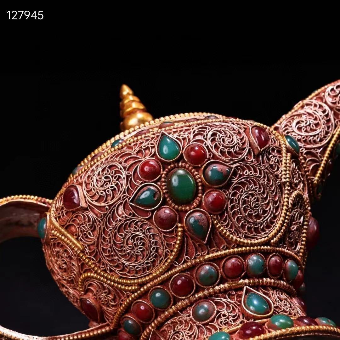 中国古美術・旧蔵收・純手作り・花糸古銅彫塗金宝石嵌酒壺・文房置物・純銅製・酒具