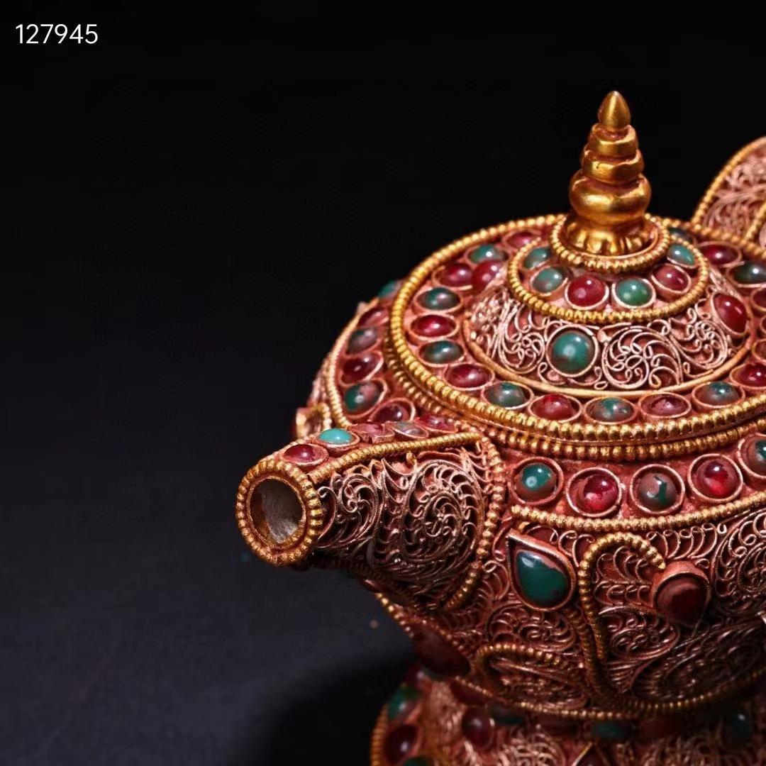 中国古美術・旧蔵收・純手作り・花糸古銅彫塗金宝石嵌酒壺・文房置物・純銅製・酒具